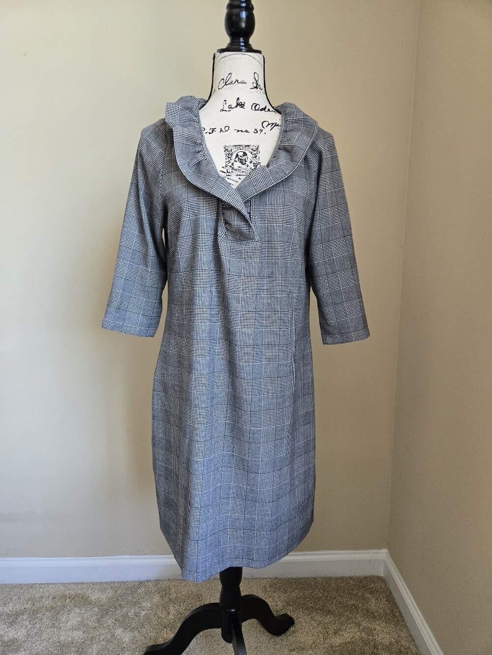 Gretchen Scott Dress Womens L Gray Plaid 3/4 Sleeve